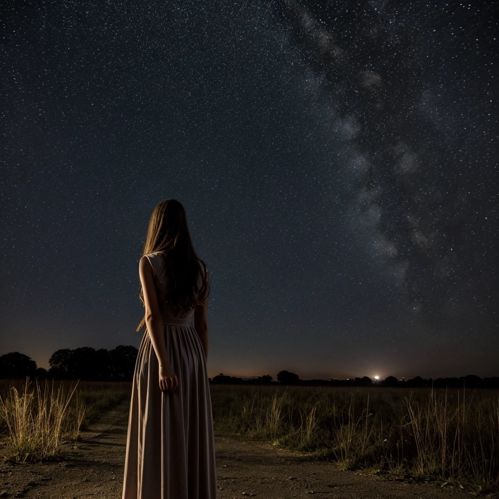 A starless sky, being observed by a girl with her back turned