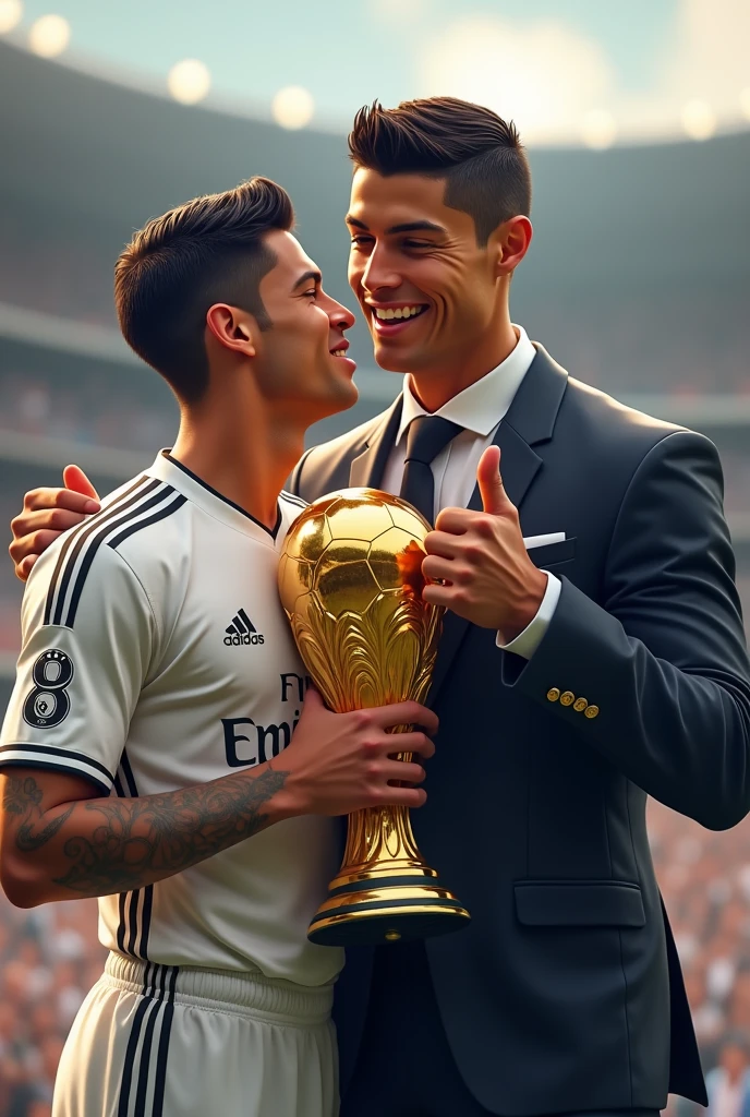 create an image of a player with the real Madrid shirt, straight black hair, with the real Madrid shirt with the name "Josué" and number 8, holding the golden ball with one hand and the other side has Cristiano Ronaldo and Josué hugs Cristiano with the other hand and Cristiano Ronaldo facing forward gives a thumbs up, Cristiano Ronaldo's height is 1.87, and Josué is 1.74 (Cristiano Ronaldo's clothes: a suit) (Josué's clothes: shirt from real madrid)