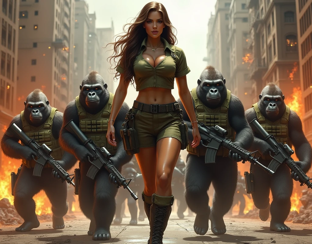 Female Sargent with thick thighs, small waist, big breasts military clothing in a war-burning city M Y M on her clothing
. Tactical gorillas are protecting her wearing military gear and carrying guns with M Y M on their chest