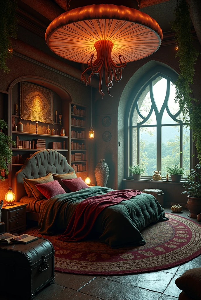 {cinematic scene, 4K ultra-realistic rendering} A mystical, witch-inspired circular bedroom with a supernatural ambiance. The focal point is a large, enchanted bed shaped like a massive glowing mushroom, its cap casting a warm, eerie light over the room. The bed is draped in dark, rich fabrics with hints of deep burgundy and forest green. The walls are lined with old, wooden bookshelves filled with ancient, leather-bound books, mystical artifacts, and glowing jars. Hanging plants and vines dangle from the ceiling, intertwined with softly glowing fairy lights. The atmosphere is dim, with a subtle hint of sunrise filtering through a large, arched window, casting long shadows and enhancing the room's enchanted feel. The floor is covered in plush, worn rugs, and an old, wooden chest sits at the foot of the bed, adding to the room's ancient, magical charm. {Shot with a 35mm lens, low-light photography, soft focus} {Art inspired by dark fantasy, enchanted forests, witchcraft decor}