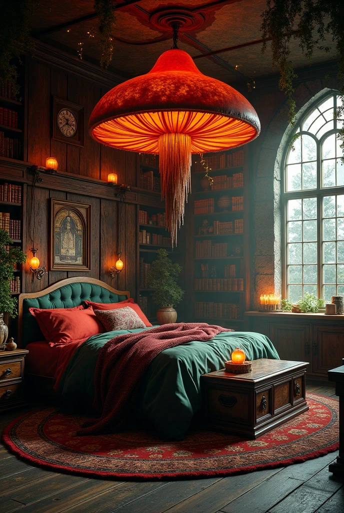 {cinematic scene, 4K ultra-realistic rendering} A mystical, witch-inspired circular bedroom with a supernatural ambiance. The focal point is a large, enchanted bed shaped like a massive glowing mushroom, its cap casting a warm, eerie light over the room. The bed is draped in dark, rich fabrics with hints of deep burgundy and forest green. The walls are lined with old, wooden bookshelves filled with ancient, leather-bound books, mystical artifacts, and glowing jars. Hanging plants and vines dangle from the ceiling, intertwined with softly glowing fairy lights. The atmosphere is dim, with a subtle hint of sunrise filtering through a large, arched window, casting long shadows and enhancing the room's enchanted feel. The floor is covered in plush, worn rugs, and an old, wooden chest sits at the foot of the bed, adding to the room's ancient, magical charm. {Shot with a 35mm lens, low-light photography, soft focus} {Art inspired by dark fantasy, enchanted forests, witchcraft decor}
