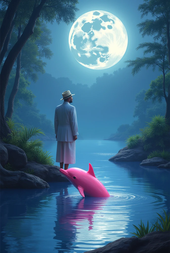 a pink dolphin entering the water of a river with a full moon and an indigenous man in a white suit and hat coming out 