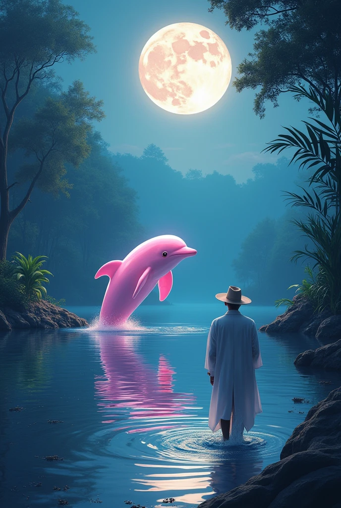 a pink dolphin entering the water of a river with a full moon and an indigenous man in a white suit and hat coming out