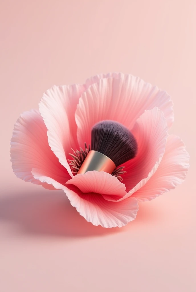makeup brush fused in the middle of a pink poppy flower lying down without a background