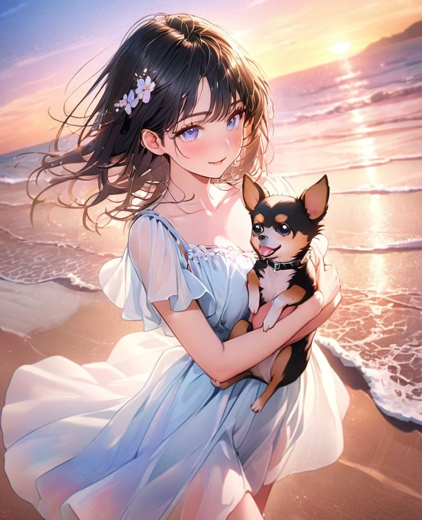 8k,Ephemeral beauty,Very delicate and beautiful,Beautiful and realistic skin,,Black Hair、Long and colorful hair,Beautiful Eyes,good,Beautiful sunset、dog(chihuahua)hug、dog cream color、Walking on the beach with my dog、casual、