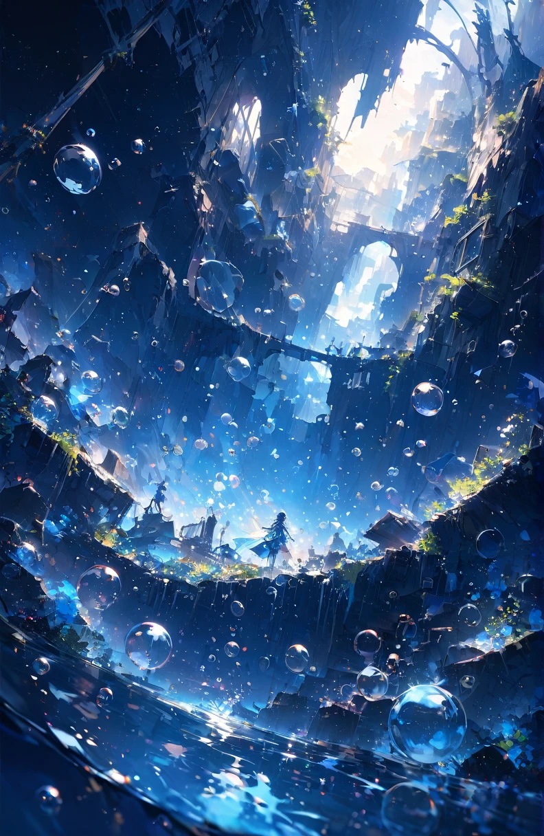 ((Shockingly absurd)),超High resolution, Attention to details, high quality, High resolution, 最high quality, 4k, 8k、A sunken ruin、in water、surrounded by bubbles、A world of deep blue、In general, a work in deep blue tones
