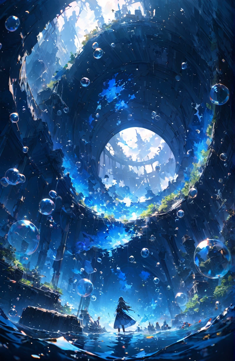 ((Shockingly absurd)),超High resolution, Attention to details, high quality, High resolution, 最high quality, 4k, 8k、A sunken ruin、in water、surrounded by bubbles、A world of deep blue、In general, a work in deep blue tones
