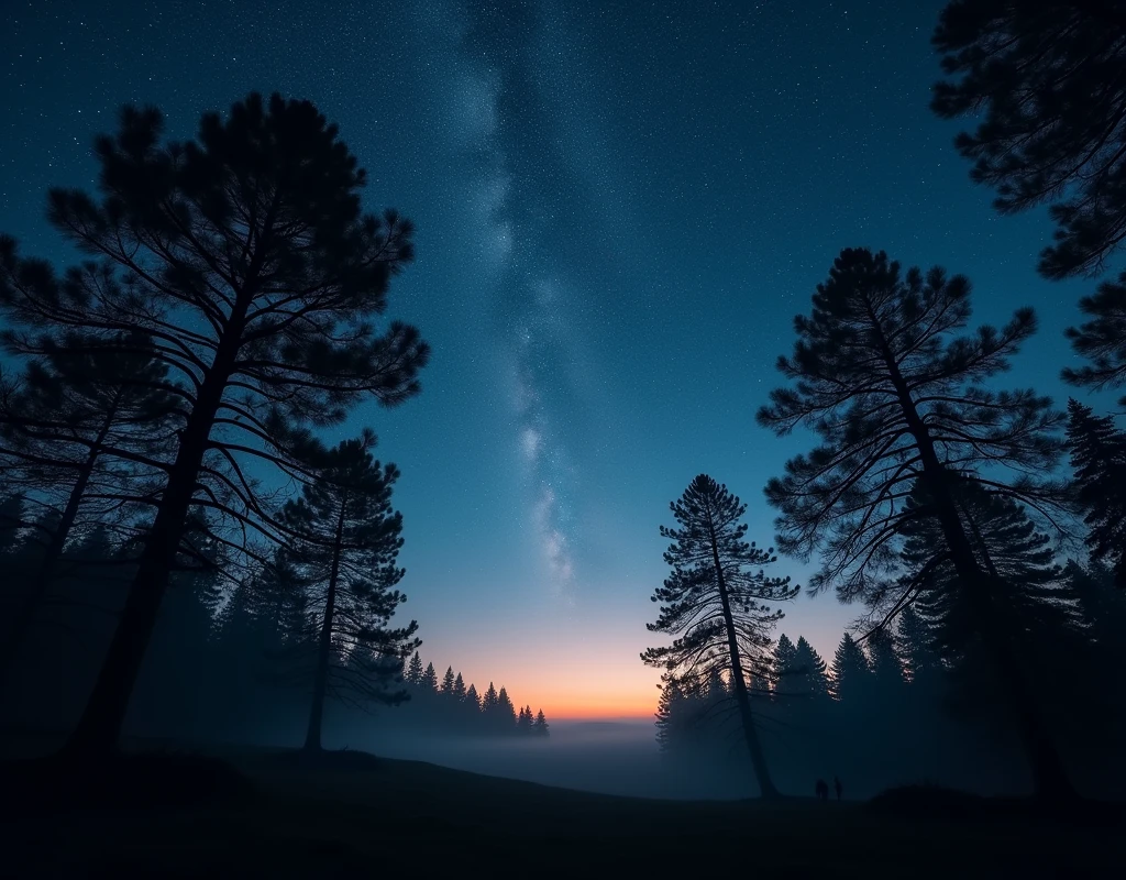 night sky with stars and trees in the foreground, twilight ; wide shot, forest at night, nightshot, in the forest at night, in a forest at night, nightscape, in the woods at night, night time footage, nighttime foreground, distant twinkling stars, night in the forest, night time photograph, night, iso 1 0 0 wide view, timelapse