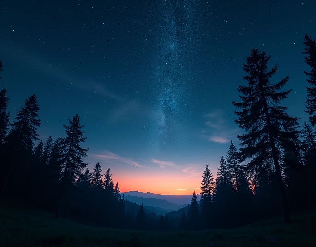 night sky with stars and trees in the foreground, twilight ; wide shot, forest at night, nightshot, in the forest at night, in a forest at night, nightscape, in the woods at night, night time footage, nighttime foreground, distant twinkling stars, night in the forest, night time photograph, night, iso 1 0 0 wide view, timelapse