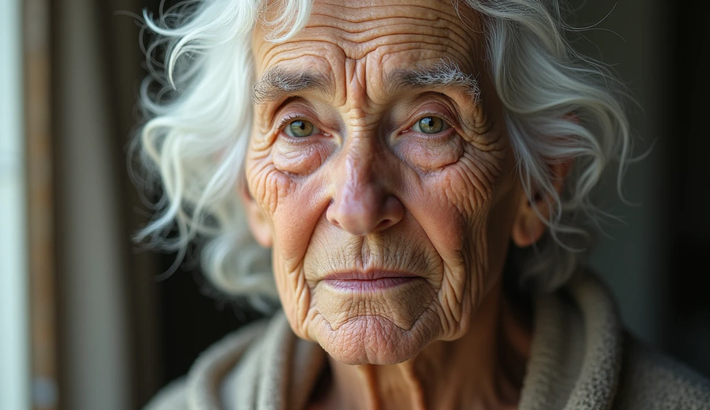 elderly woman with white hair, face picture