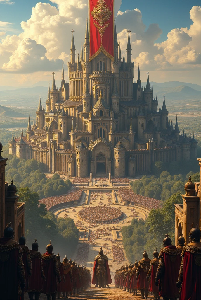 Generate an invincible, rich, indestructible, unmatched, huge, medieval-themed, jeweled kingdom with an extremely huge, unbeatable, unmatched giant army with a flag written GEM 