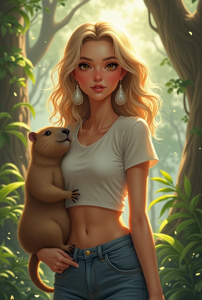fanart of italian blonde, wavyhair, long silver earrings, rosy cheeks and nose tips, pet capybara traveling in the Brazilian Atlantic forest in light clothing, basic t-shirt and jeans, amber eyes