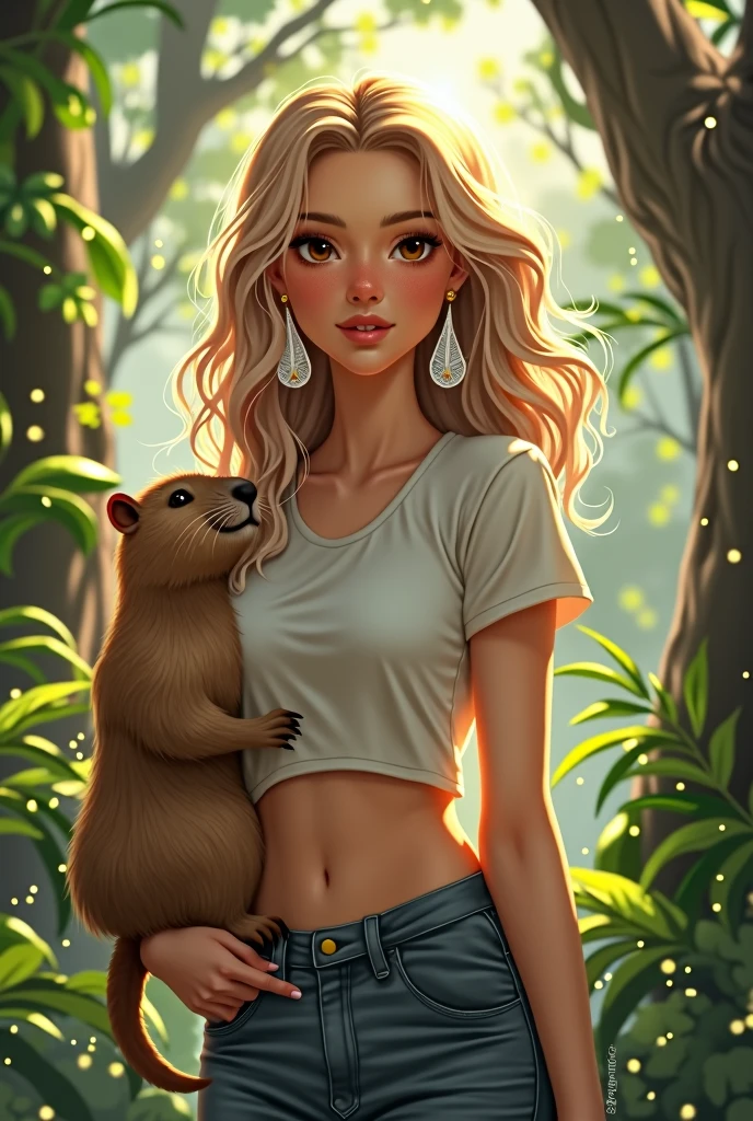 fanart of italian blonde, wavyhair, long silver earrings, rosy cheeks and nose tips, pet capybara traveling in the Brazilian Atlantic forest in light clothing, basic t-shirt and jeans, amber eyes