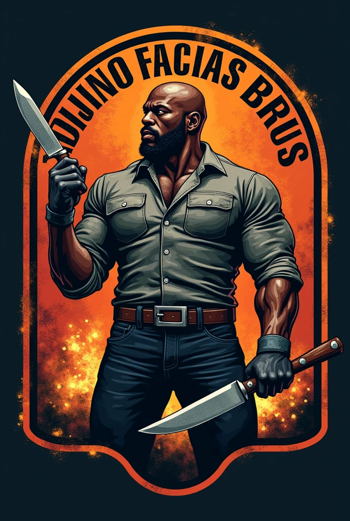 Make a large logo in the shape of an anvil written in Portuguese Adriano facas brus, with a bald black man who doesn't have a beard and is strong, wearing a uniform or jeans holding a knife in one hand and a hammer in the other