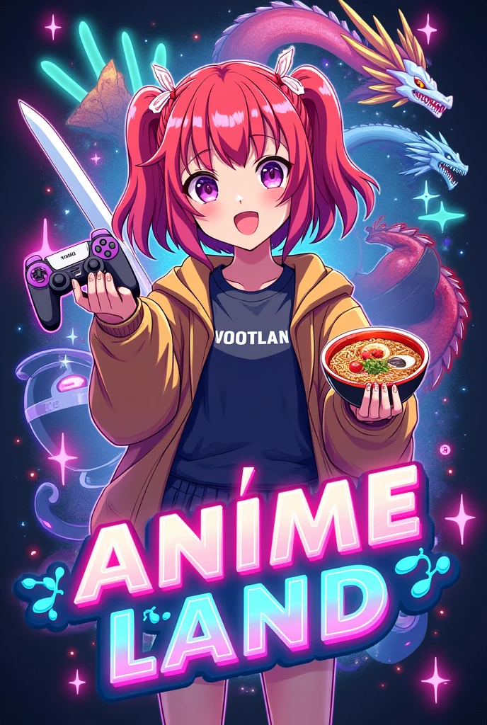 Imagine a profile picture for **Anime Land** that captures the essence of anime and fun. In the middle, an original anime style character, with vibrantly colored hair and a cheerful expression, holding a video game controller in one hand and a bowl of ramen in the other, surrounded by visual effects of flashes and waves of energy in neon tones. background, a collage of iconic anime elements: a shining katana, a stylized dragon, and a futuristic mecha, all in a colorful and dynamic style that highlights the energy and emotion of the anime. Name "Anime Land" appears in large, stylized letters at the bottom, with a touch of neon and shadows that give it a modern and striking look.