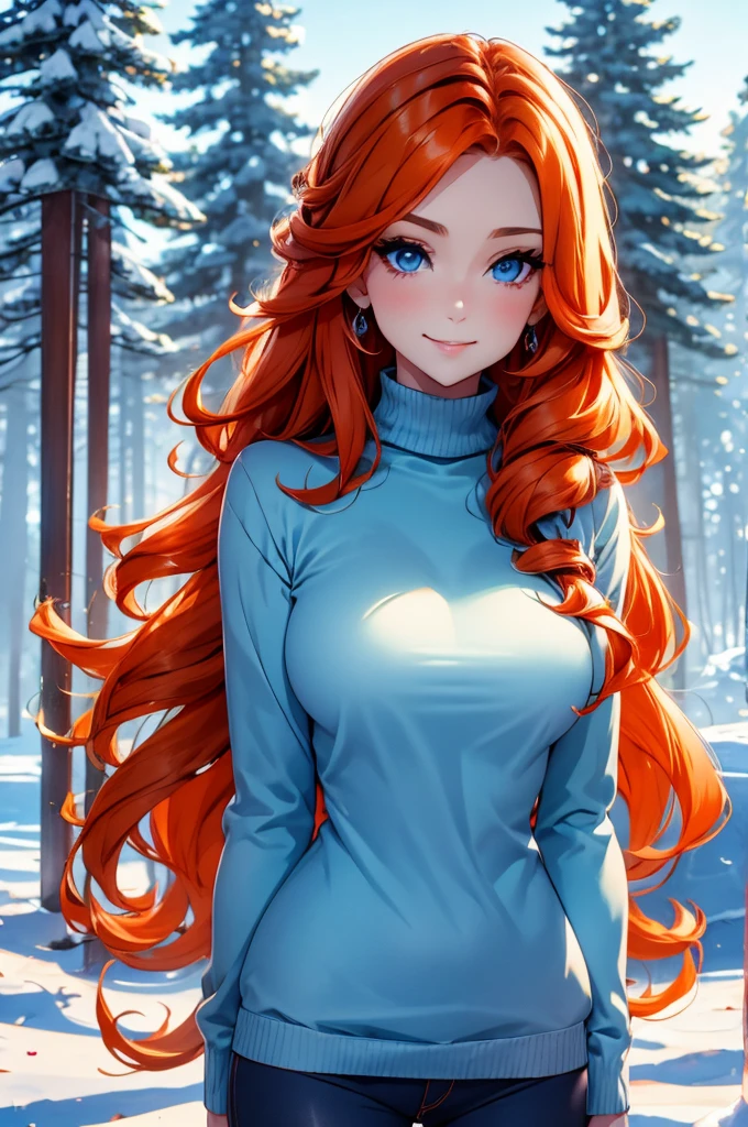 winter forest background, light-blue-eyes, woman, delicate, smile, hair over one eye, orange hair, sweater, wholesome