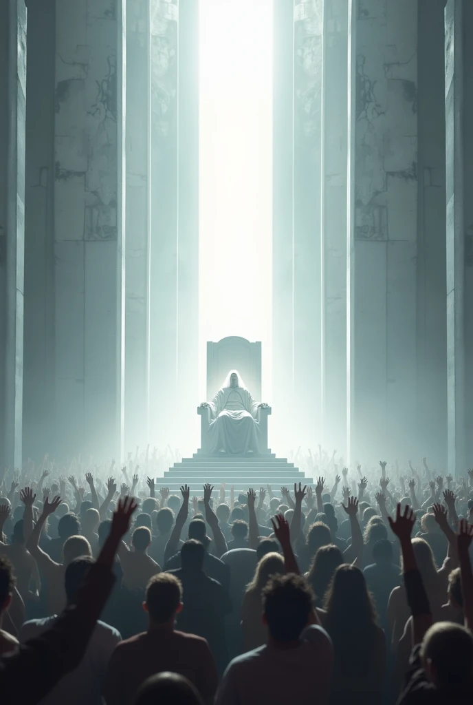 Large White Marble Throne Straight Seated Man, in place of the head a strong radiant light From beneath the throne thousands of people with raised hands many more people, more people Head of very strong radiant bright light
