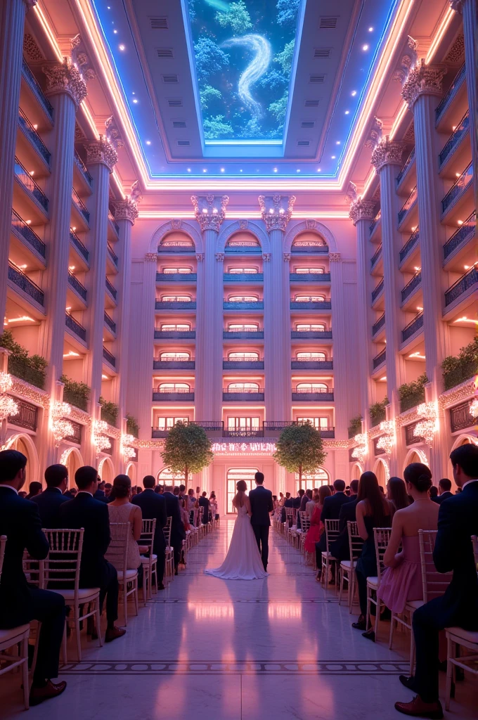 A wedding-themed hotel with a bit of video games and lights outside and at night