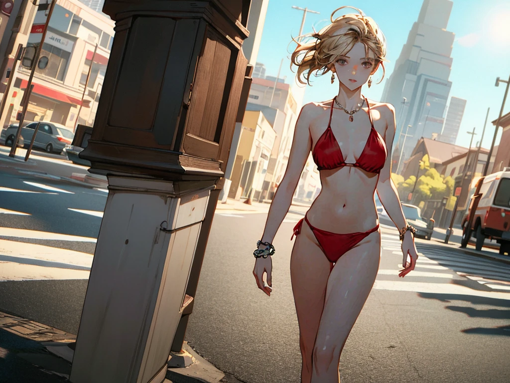 A single woman with a short bob hairstyle and blonde hair is standing in the city, waiting for a taxi. She is wearing a red bikini and accessorized with earrings, a necklace, a bracelet, an anklet, and waist jewelry.full-body showcase.The scene is depicted in the highest quality with an anatomically correct, beautiful, and slim figure, reminiscent of a high-fashion model. The image features lens flare, high resolution, and ultra-high resolution with attention to detail. The shot is taken with a wide-angle lens using the far and near method, capturing the scene in 8k octane with Ghibli-style colors. Note that nipples are not drawn.
