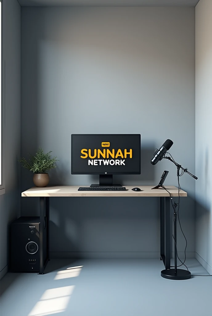 desk with computer monitor displaying the "Sunnah Network " in large bold letters. the room has a modern design with grey wall and floor.theres a mic stand with mic setup adjusted near Room size 16:9 ratio