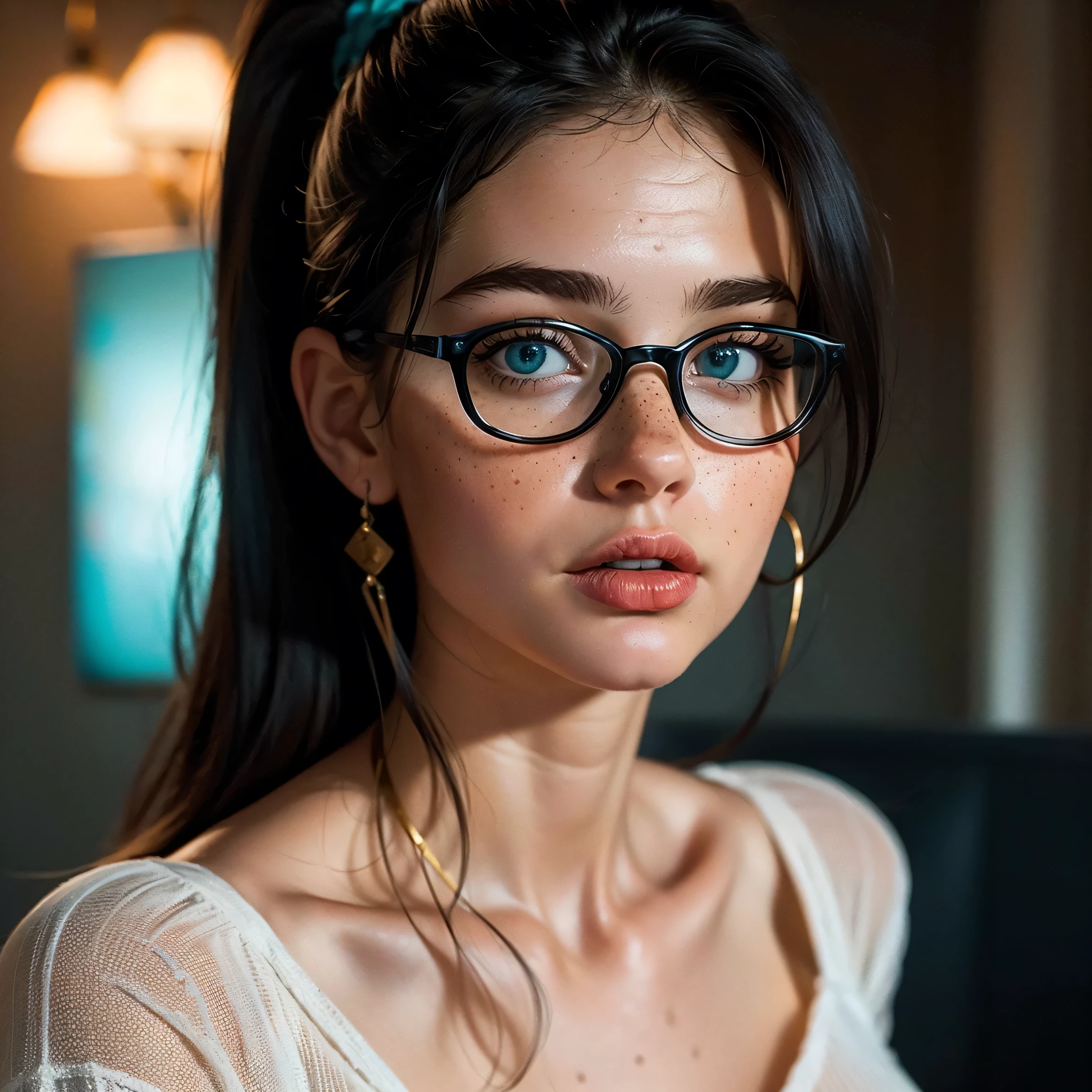 Ultra-realistic full face, Full body photorealistic image of a 2 goddess with a beautiful face, with big glasses and deep blue eyes that captivate anyone who meets them. Her long black hair is tied back in a ponytail., Framing her face elegantly. full, delicious lips. His face is adorned with one or more spots, adding a touch of mystery and charm. Light freckles give a playful and natural look to your appearance., giving you an aura of freshness. Her beauty is a harmonious blend of unique and captivating features.., making her irresistibly attractive. She is wearing very sexy pajamas, drawing attention to her large breasts and thick legs..