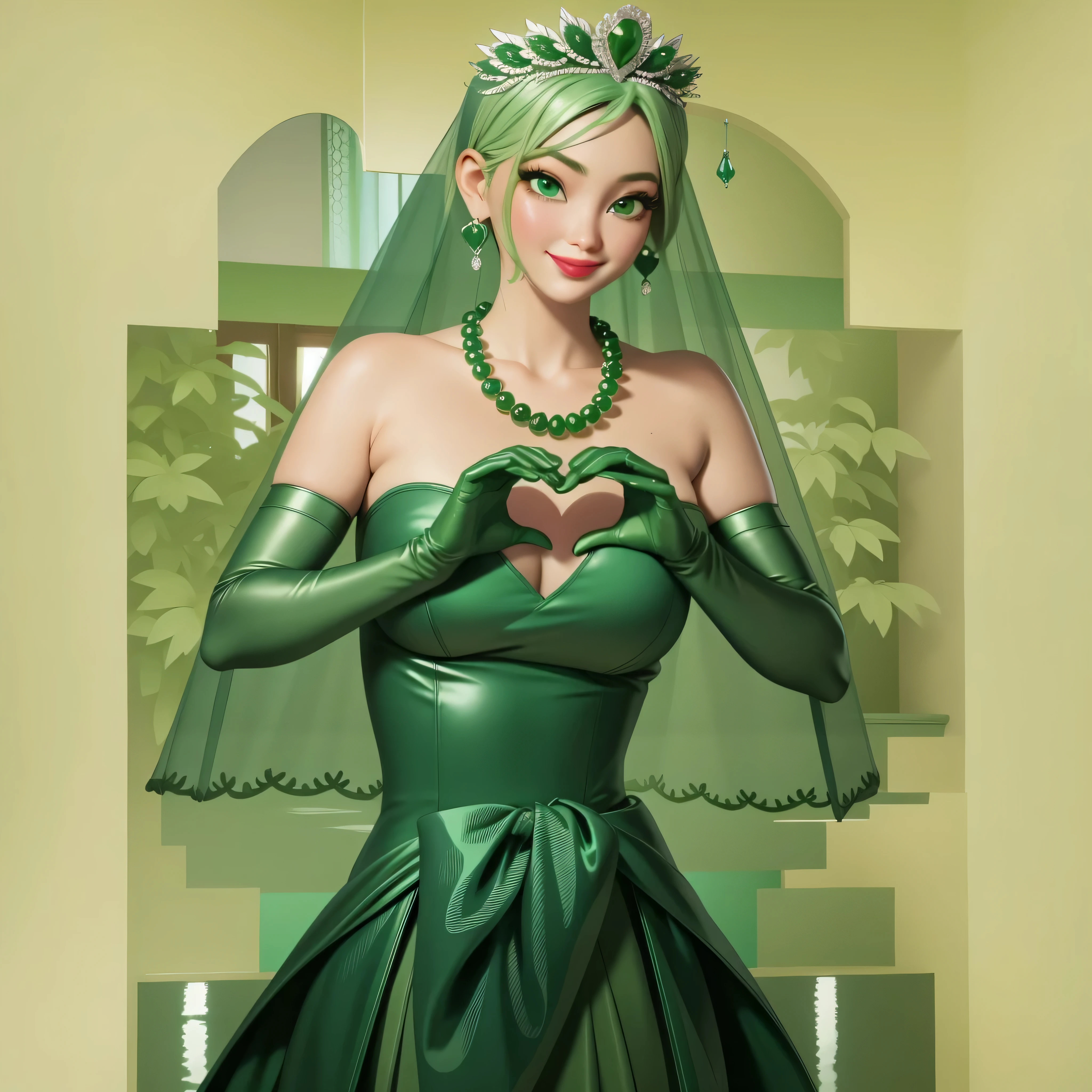 Emerald tiara, Green Pearl Necklace, Boyish very short green hair, Green Lips, Smiling Japanese woman, Very short hair, Busty beautiful lady, Green Eyes, Green satin long gloves, Green Eyes, Emerald Earrings, Green veil, Heart with both hands, Green Hair, Beautiful Japanese Women, Heart shaped hands:1.3, green lip gloss