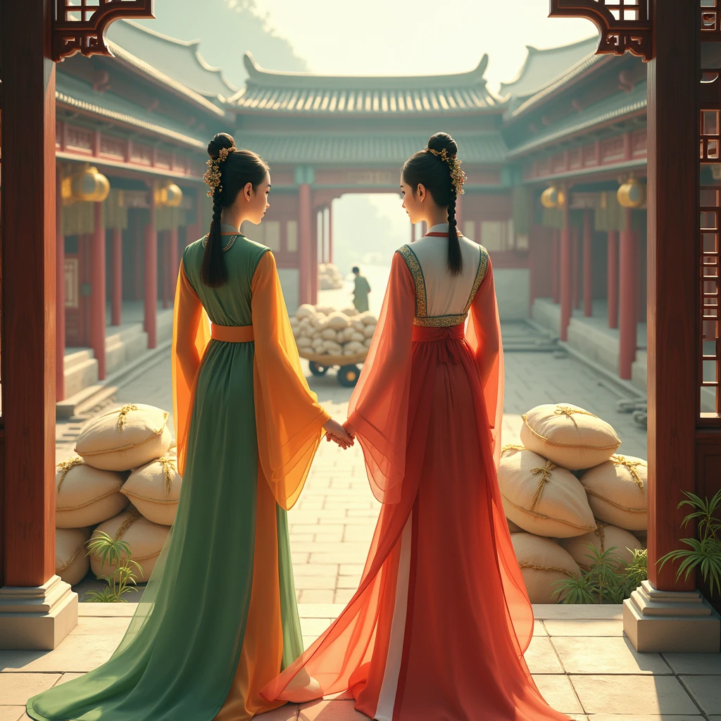 A picture of real people in ancient China, from the Tang Dynasty, wearing Hanfu costumes. Two young women, an elder sister wearing green and orange dresses, a younger sister wearing red and white dresses, stand on a second floor on the edge of a balcony, looking at a large courtyard surrounded by walls. There is a cart full of sacks of rice parked in the courtyard in front of a rice mill. The atmosphere is bright with sunlight shining through the courtyard and rice dust.



