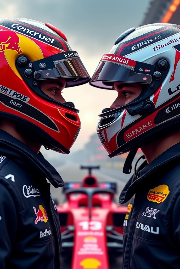 Create a kind of movie poster of Max Verstappen from Red Bull and Lando Norris from Maclaren. about rivalry and title fight. Wie en Showdown oder Standoff. It should look epic.  Both should have their helmets on. In the background a Mclaren and ekn Red bull from the 2024 season. Portrait format so I can use it as a lock screen