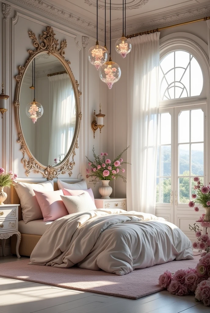 {cinematic scene, 4K ultra-realistic rendering} A circular, supernatural fairy-inspired bedroom, with a magical and ethereal atmosphere. The room features a large, round bed covered in luxurious white and pastel floral bedding, surrounded by soft pillows in shades of blush pink, lavender, and cream. The walls are pristine white, adorned with intricate floral patterns and large, ornate mirrors that reflect the soft, natural light streaming in through tall glass windows. Hanging glass orbs filled with delicate, glowing flowers float above the bed, casting a warm, enchanting glow. The floor is covered with plush, floral-patterned rugs, and the corners of the room are filled with large vases of blooming flowers. A small, vintage vanity with a large mirror and intricate floral carvings stands against one wall, adding to the room's whimsical charm. The entire space is filled with the scent of fresh flowers, creating a cozy, welcoming atmosphere that feels both magical and serene. {Shot with a 35mm lens, soft natural lighting, ethereal glow} {Art inspired by enchanted gardens, fairy tales, and romantic fantasy}