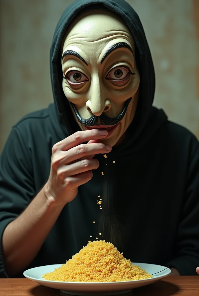 Create an image of a character wearing the Salvador Dali mask from La Casa de Papel eating couscous