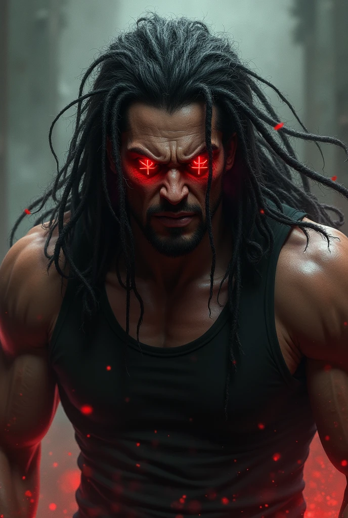 1 athletic man with two glowing red eyes, l'œil gauche a le kanji first quarter visible (first quarter) ((first quarter)) ((superior)) inscribed inside the pupil of his left eye, l'œil droit a les Kanji five visible (five ) ((five)) ((5)) inscribed inside the pupil of his right eye. L'homme à un regard cruel et fou, he has dreadlocks, he wears a black sleeveless jacket