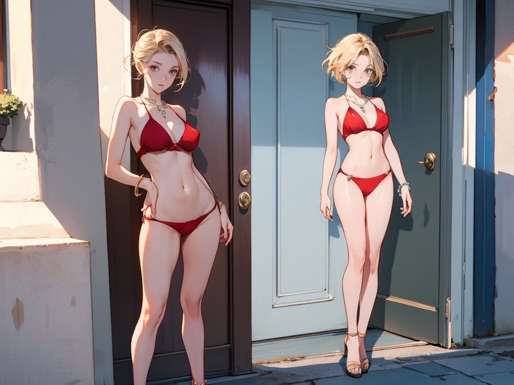 A single woman with a short bob hairstyle and blonde hair is standing in the city, waiting for a taxi. She is wearing a red bikini and accessorized with earrings, a necklace, a bracelet, an anklet, and waist jewelry.full-body showcase.The scene is depicted in the highest quality with an anatomically correct, beautiful, and slim figure, reminiscent of a high-fashion model. The image features lens flare, high resolution, and ultra-high resolution with attention to detail. The shot is taken with a wide-angle lens using the far and near method, capturing the scene in 8k octane with Ghibli-style colors. Note that nipples are not drawn.