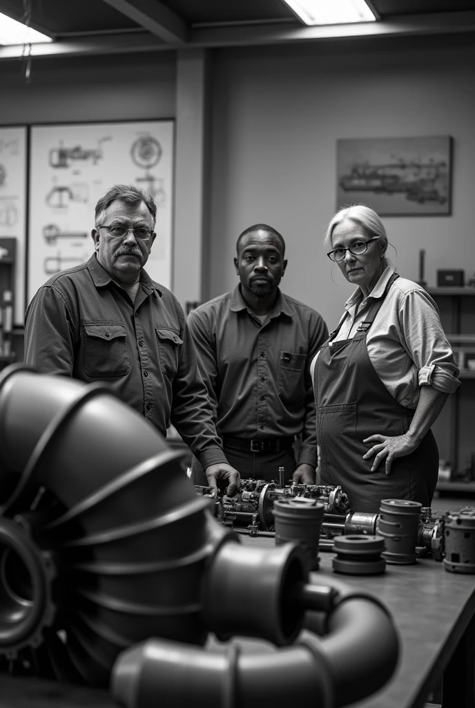 Realistic black and white photography. 
The photo takes place in the year. containing 3 mechanics in a large automotive workshop.
 Ao fundo da foto, There are mechanical drawings on a board on the wall.
 There is also a small painting on the wall, with the phrase "in the order of Melchizedek." 
One of the mechanics, aged 40, has a mustache and wears round glasses. 
the second mechanic is black and is 30 years old. 
the third mechanic is a woman, with 50 years, with glasses and tied hair. 
Everybody's on their feet, facing the front.
In front of them is a turbine being dismantled..