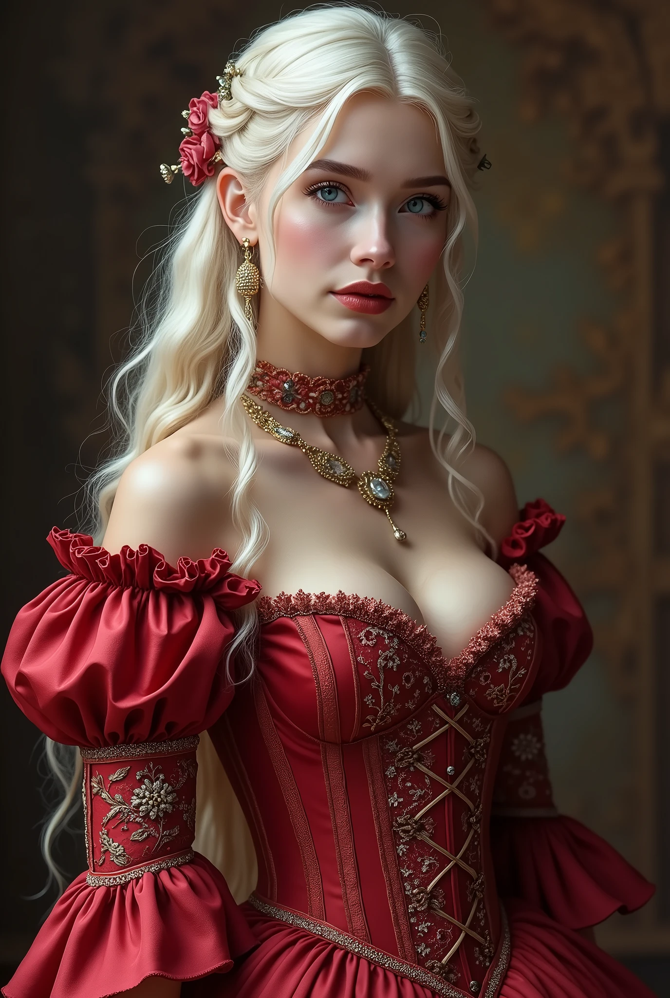 ((masterpiece, Best Quality)), ((intricate details)), ((realist, photorealist)), ((Full Body Portrait)), ((Instagram Photo of a Waifu E-girl wearing aretes)), Mary R., inspired by Emma Andijewska, wrapped in crystals,(masterpiece:1.3), (Best Quality:1.3), (Ultra-detailed:1.2), ((kawaii)), Cute, (lovely), ((sexy)), ((Sexy Attractive Body)), ((Sexy Curvy Hips)), ((Sexy Beauty Legs)), ((Perfect Detailed Anatomy)), ((Extremely detailed)), 4K, (8K), Best Quality, (Beautiful), Illustration, anime style, (bold line:1.2), Gradation,(best quality, ultra-detailed, photorealistic: 1.39), bright and vibrant colors, studio lighting, (Perfect eyes:1.2), (Perfect iris:1.2), ((romantic kawaii expression)), ((cute delicate smile)), ((kawaii makeup)), ((17-year-old e-girl)), ((Sexy Red Bouffont Dress)), ((platinum braided and curl white hair)), ((cat ears)), big breasts, fit, long wavy hair, mercenary, Mary R.