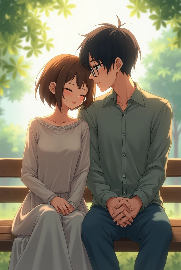 Anime couple. Girl has short hair. Guy is slightly taller and wears glasses. Sitting next to eachother on a bench
