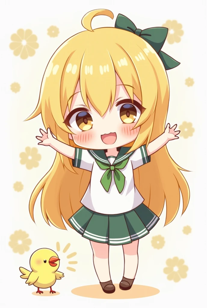 Cute girls, simple and kawaii outfits, full of youth, mascot little bird, chibi character anime style,, full color, highest quality images.