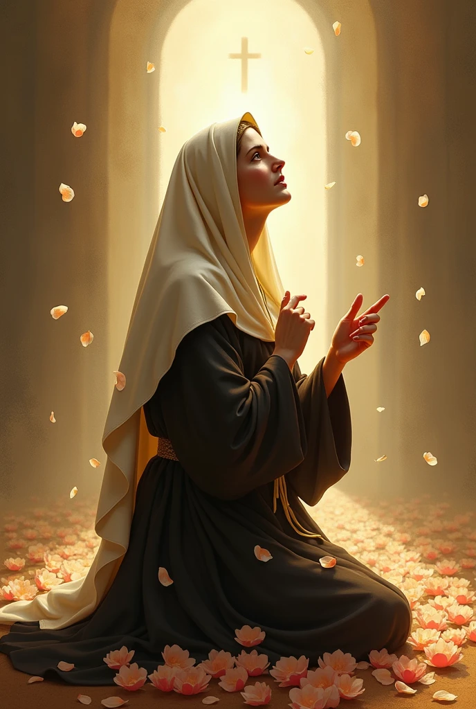 create an image of Saint Rita of Cassia kneeling praying asking Jesus for divine mercy and many light roses