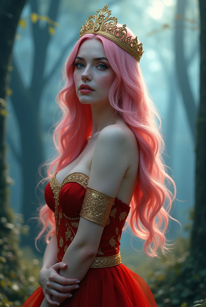 (masterpiece,Distinguished Quality,Mirror-like,Cinematic Experience,insanely detailed,absurdres),8k,wallpaper,(Ray Tracing),1 female,,Beautiful Shii Women,(slim with some curves:2.0),(front:2.0),(A body with a ruby red dress with gold designs,gold heels:2.0),BREAK(pink Hair that reaches the ankles,a gold crown:2.0),(White skin,pink lips:2.0),Portrait of a goddess,(god々Shii:2.0),(fantasy digital art:2.0),(super sexy:2.0),(Diffuse reflection of light:2.0),BREAK(The background is the beautiful blue forest:2.0),(Beautiful face,Detailed face,Beautiful skin texture:1.3,Beautiful Hair),(Detailed hands:2.0),(Beautiful hands:2.0)