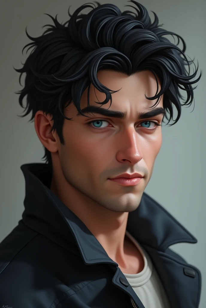 squinting
little smile
man
blue eyes
black hair
