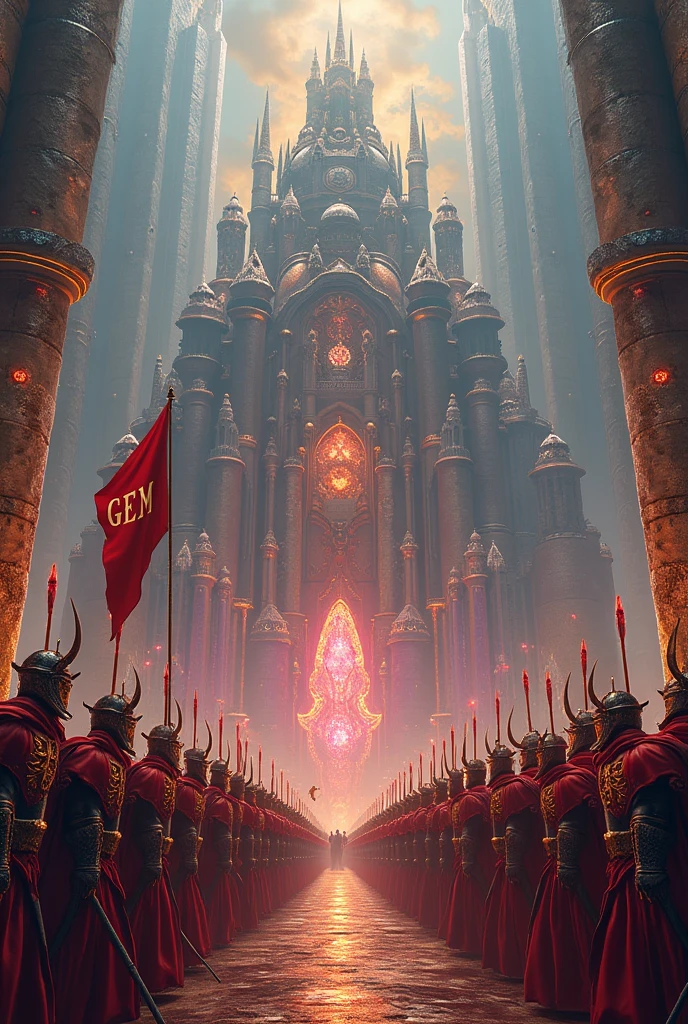 Generate a kingdom of jewels of jewels invincible rich indestructible unmatched huge medieval theme with the army extremely huge giant insurmountable unmatched with a flag written GEM on the flags next to it has written the acronym GEM