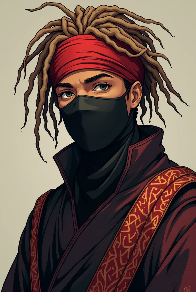Anime man with dreadlocks and light brown colour black hair and wearing a mask with a kanzu swahili dressing red headband age23