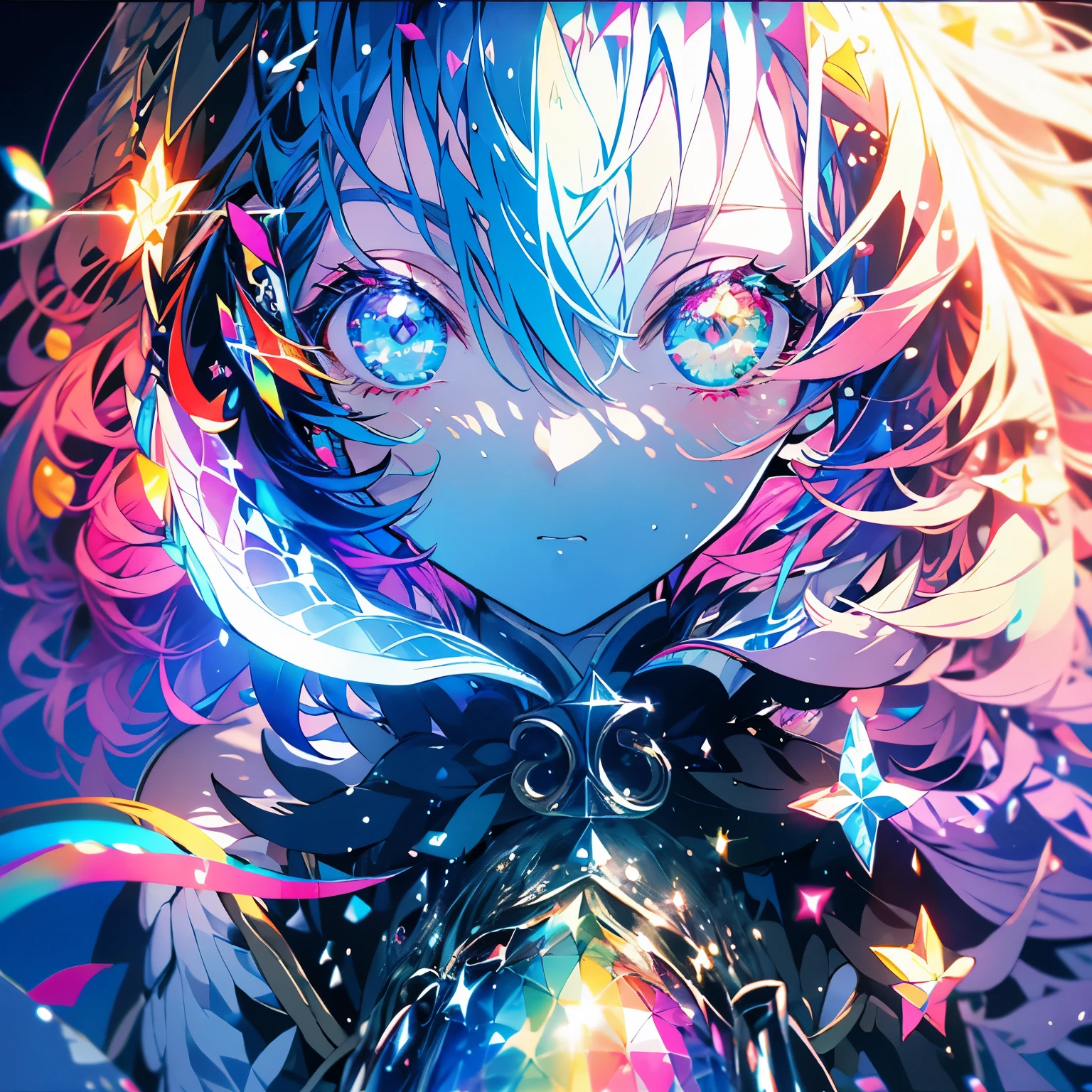 masterpiece、girl、Rainbow colorsの髪、Sparkling eyes、Serious face、Shining Background、Starry Ski、Rainbow colors、(((The character &quot;haru&quot;)))
