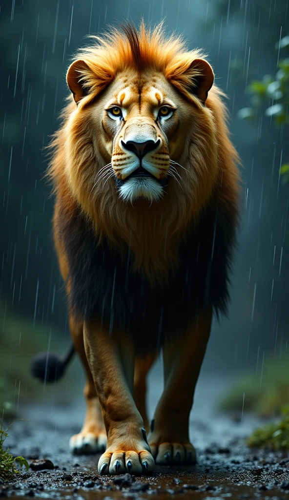 Stunning Lion of Judah, photo in 8k, in action, cinematic raining at night