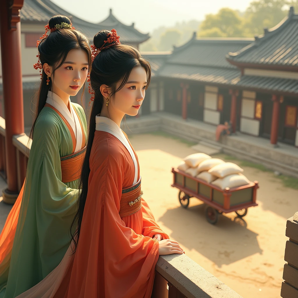 A picture of real people in ancient China, from the Tang Dynasty, wearing Hanfu costumes. Two young women, an elder sister wearing green and orange dresses, a younger sister wearing red and white dresses, stand on a second floor on the edge of a balcony, looking at a large courtyard surrounded by walls. There is a cart full of sacks of rice parked in the courtyard in front of a rice mill. The atmosphere is bright with sunlight shining through the courtyard and rice dust.