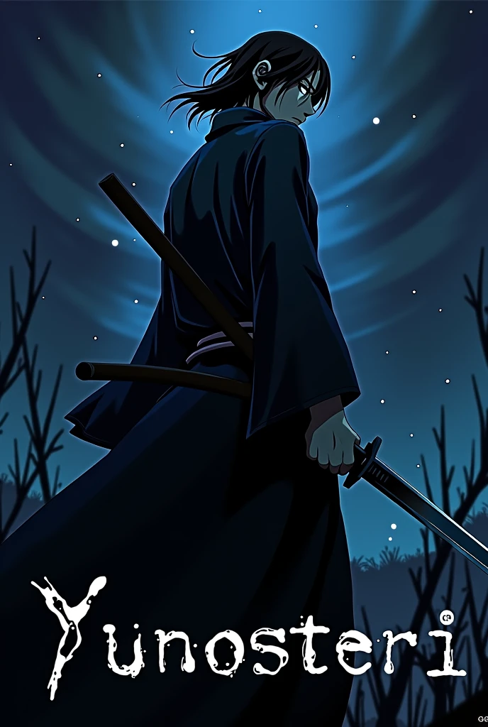 man with black hair and a katana in the night in anime style and under him the word yunosteri