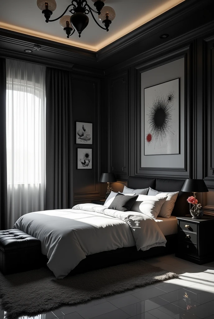 Create a bedroom scenario for Miraculous with nothing but the scenario, don't make it pink, make this room black and white.