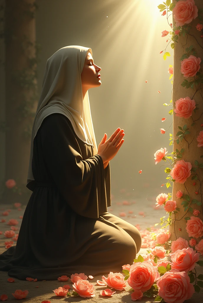 create an image of Saint Rita of Cassia kneeling praying asking Jesus for divine mercy and many light roses