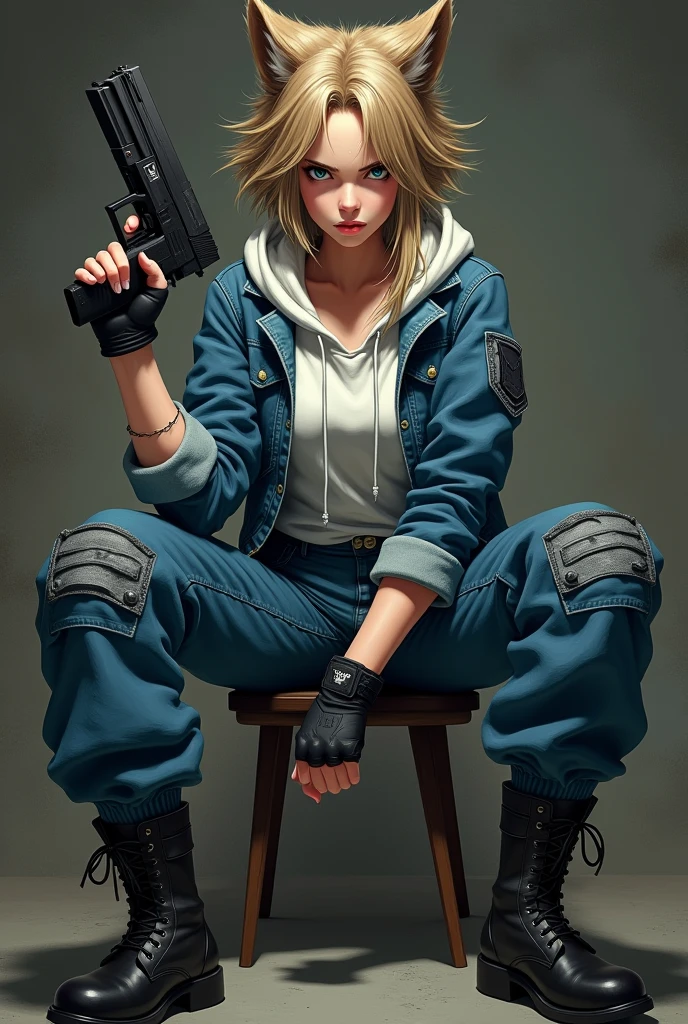 A girl with a shaggy wolf haircut thats light brown with blonde highlights she has grayish blue eyes, fair skin and a light scar on her jawline. She's wearing a white hoodie with a blue jean jacket ontop of it, grey baggy cargo pants with pockets on the sides and motorcycle boots, she also wears black fingerless gloves, sitting on a chair with legs spread out with a gun in her hand