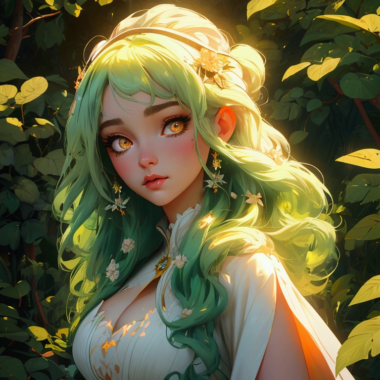 envision a 8k, highres, cinematic, close up beautiful portrait of a soft curvy girl named Ceres Fauna with long green hair, Orange eyes, in a white nature dress, surrounded by nature against a dark gray background