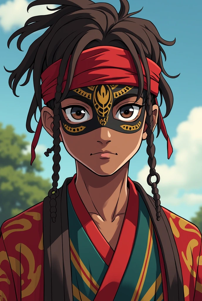 Anime man with dreadlocks and light brown colour black hair and wearing a mask with a kanzu swahili dressing red headband age23 japanese african person